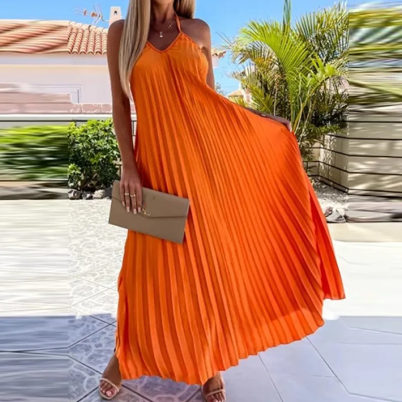 

Fashion Women Solid Pleated Halter Dress Summer Backless Long Beach Dreseses Ladies Big Swing Holiday Dress Bikini Cover-Ups
