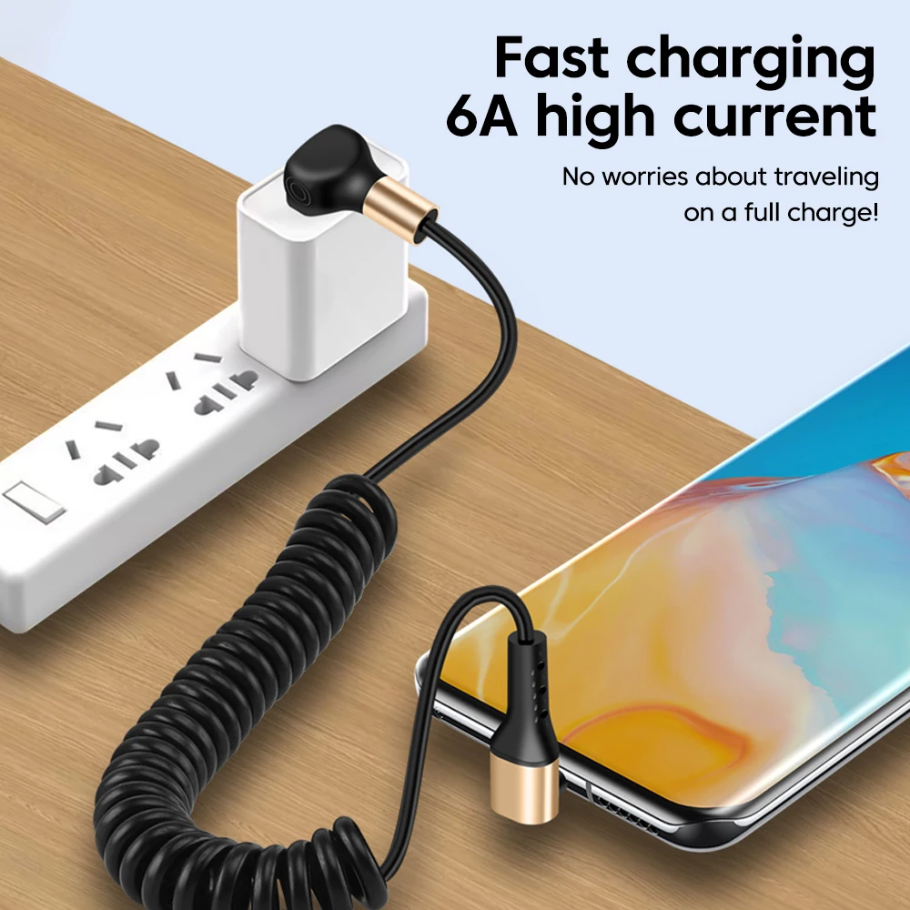 올라프 90도 엘보 스프링 케이블 USB C타입 6A 고속 충전 1M 자동 감김 데이터 USB A to C타입 케이블 (아이폰 15, 16, 삼성용)