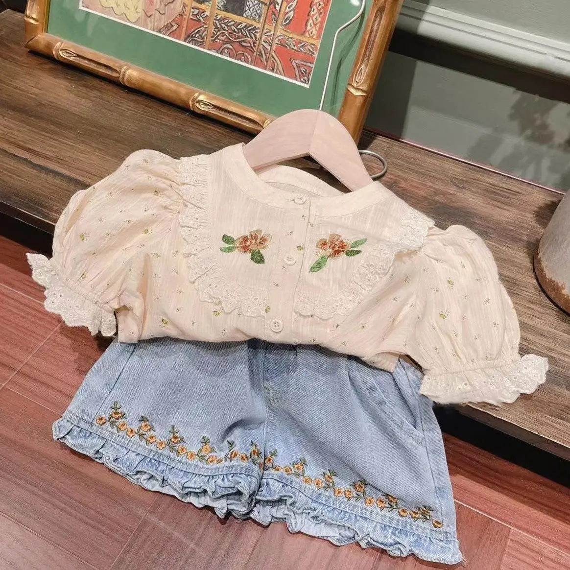 

New Toddle Girls Clothing Sets Summer Lace lape Embroidered Floral Shirts Tops Shorts 2Pcs Kids Clothes Sweet Clothing Children