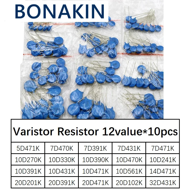 120pcs=12value*10pcs Varistor Resistor Assorted kit 5D471K 7D471K 7D431K 7D391K 10D471K 10D431K 10D391K 14D471K 14D431K 10D241K