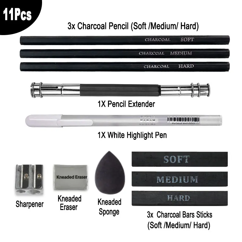 11Pcs Art Sketch Drawing Set Charcoal Graphite Pencil Soft Medium Hard Bar Sticks Kneaded Eraser Sponge Wiper Tool For Artist 3 pcs sketch paper eraser wiping pen wipe tool blooming wiper replacement artist drawing tools