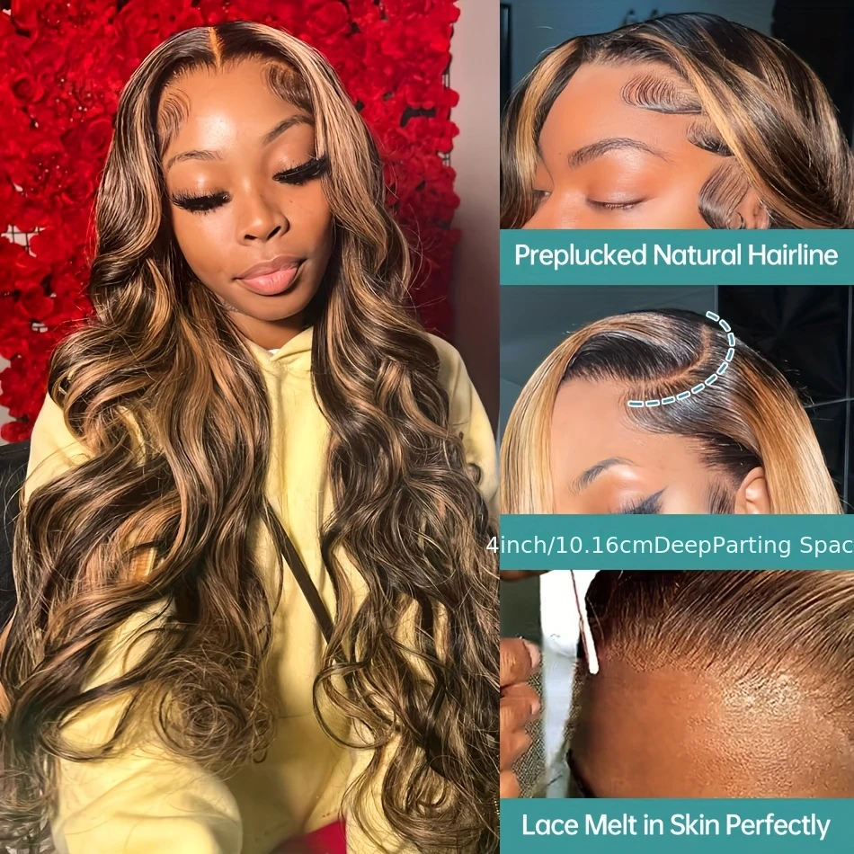 4/27 Colored Body Wave HD Lace Frontal Wigs Human Hair Pre Plucked 250 Density 13X4 Lace Frontal Wig for Women(34 Inch) 4