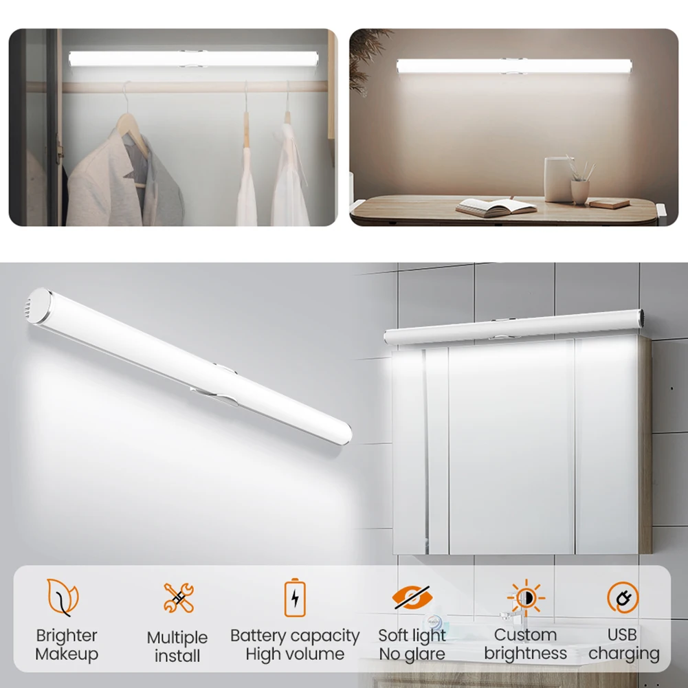 LED Eye Protection Light USB Charging Selfie Light Touch Switch Mirror Dimmable Cordless IP44 Waterproof for Dressing Room