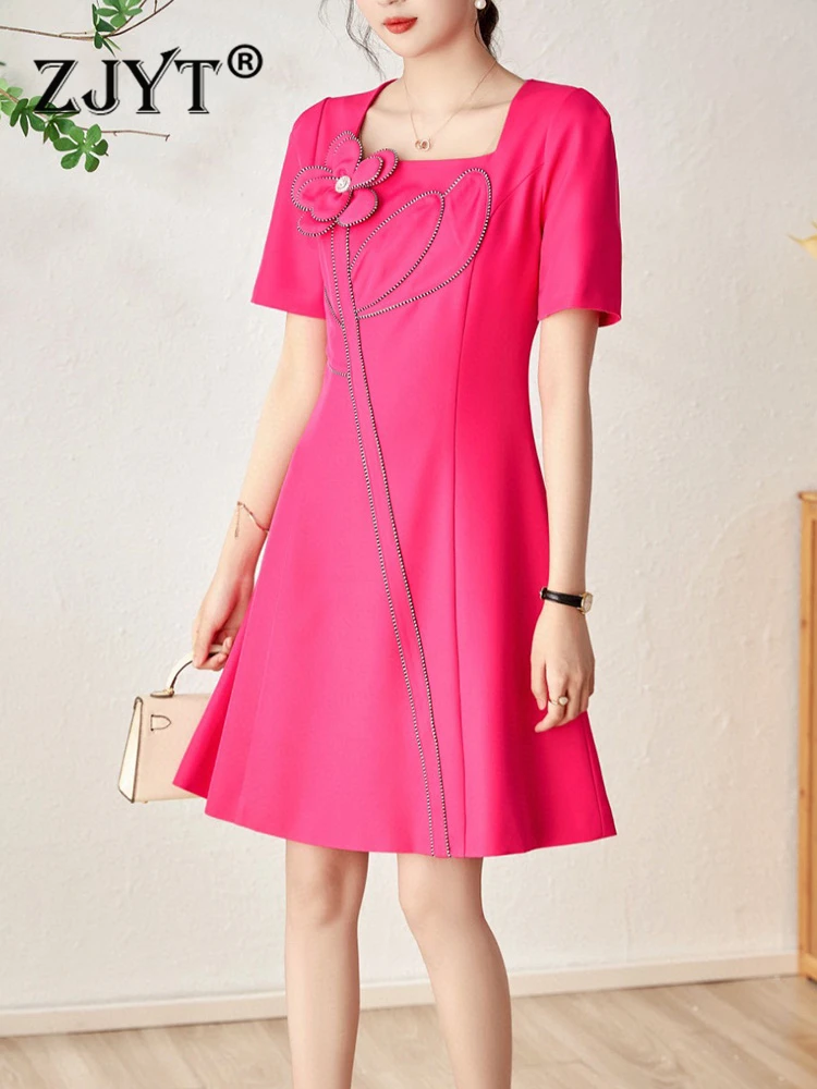 

ZJYT Elegant 3D Flower Summer Dresses for Women 2023 New Designer Square Collar Short Sleeve Party Vestidos Casual Aline Robes