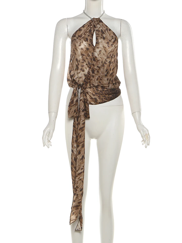 Nibber Wild Sexy Halter Tank Tops Women Backless Leopard Lace-Up Hottie Skinny Stretch Street Music Festival Midnight Clubwear