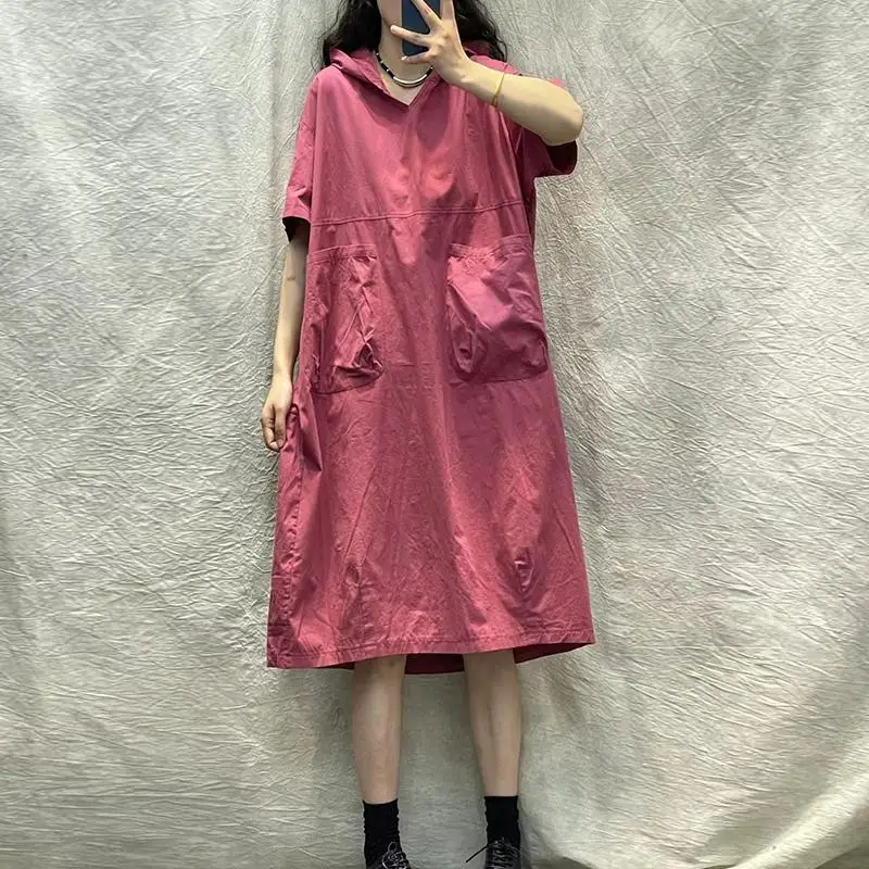 

Women's 2024 Summer New Korean Commute Solid Hooded Short Sleeved Spliced Pockets Loose Medium Length Oversized Casual Dresses