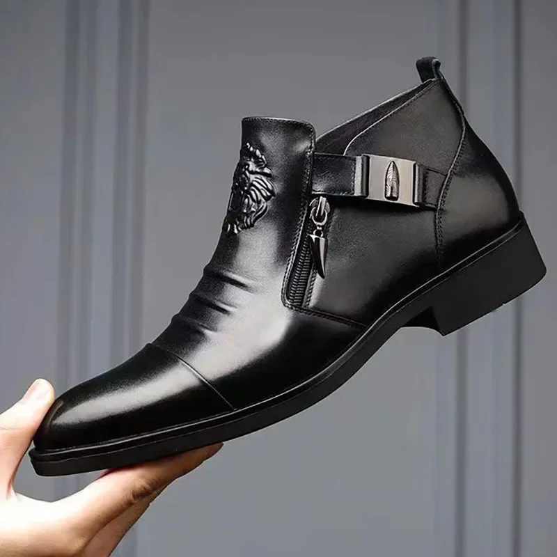 High Top Men Shoes Autumn Men's Casual Leather Shoes Double Sided Zippered Boots Man Ankle Boots Pointed Toe Low (1cm-3cm)