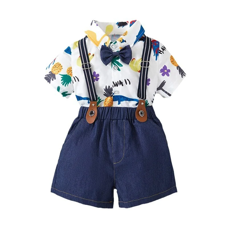 

Прямая поставка, рубашка с мультяшным принтом + шорты на бретелях, летние хлопковые комплекты высокого качества с бантом, детская одежда, костюмы