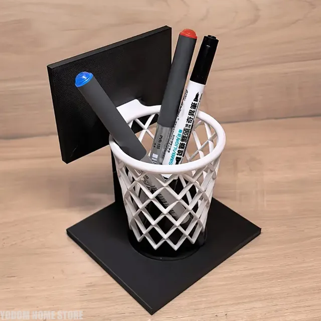 3D Printed Basketball Hoop Pen Holder, Desktop Stationery Organizer with Black Base & White Mesh, Space-Saving Office Desk Decor 1