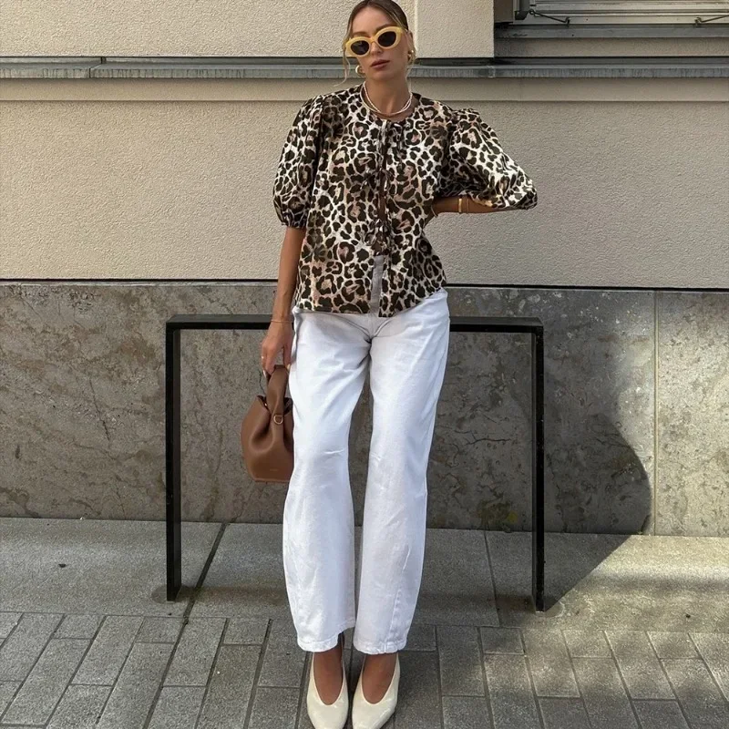 Camisetas con estampado de leopardo para mujer, blusas informales de manga corta con contraste, con cordones, ajustadas, estilo Y2k, camisetas de otoño tipo vendaje