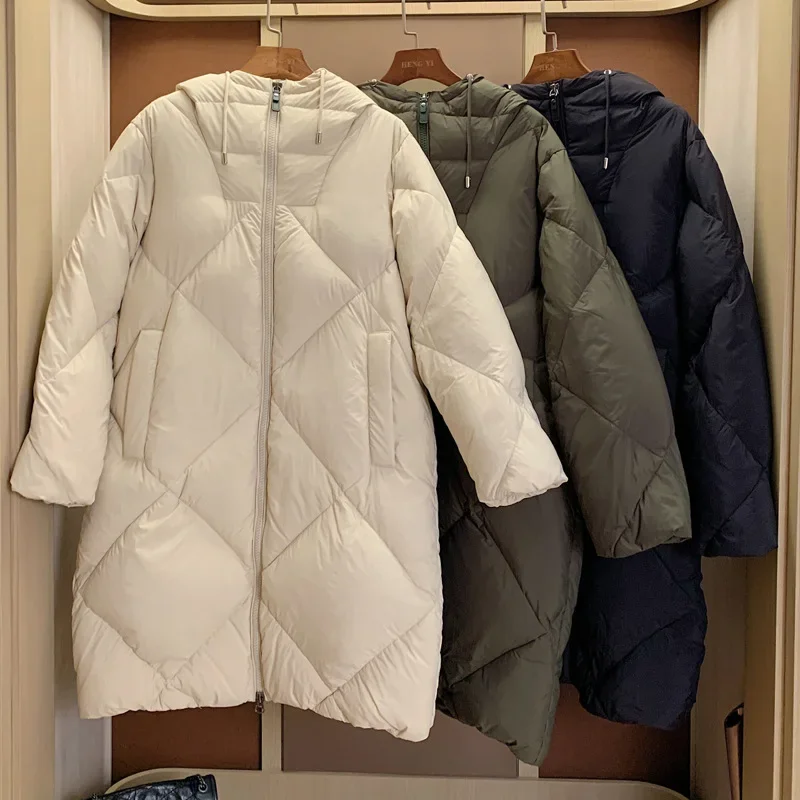 

Women Down Jacket Argyle Hooded Drawstring Zipper Casual 2023 Winter Loose Thickened Coat With Pockets