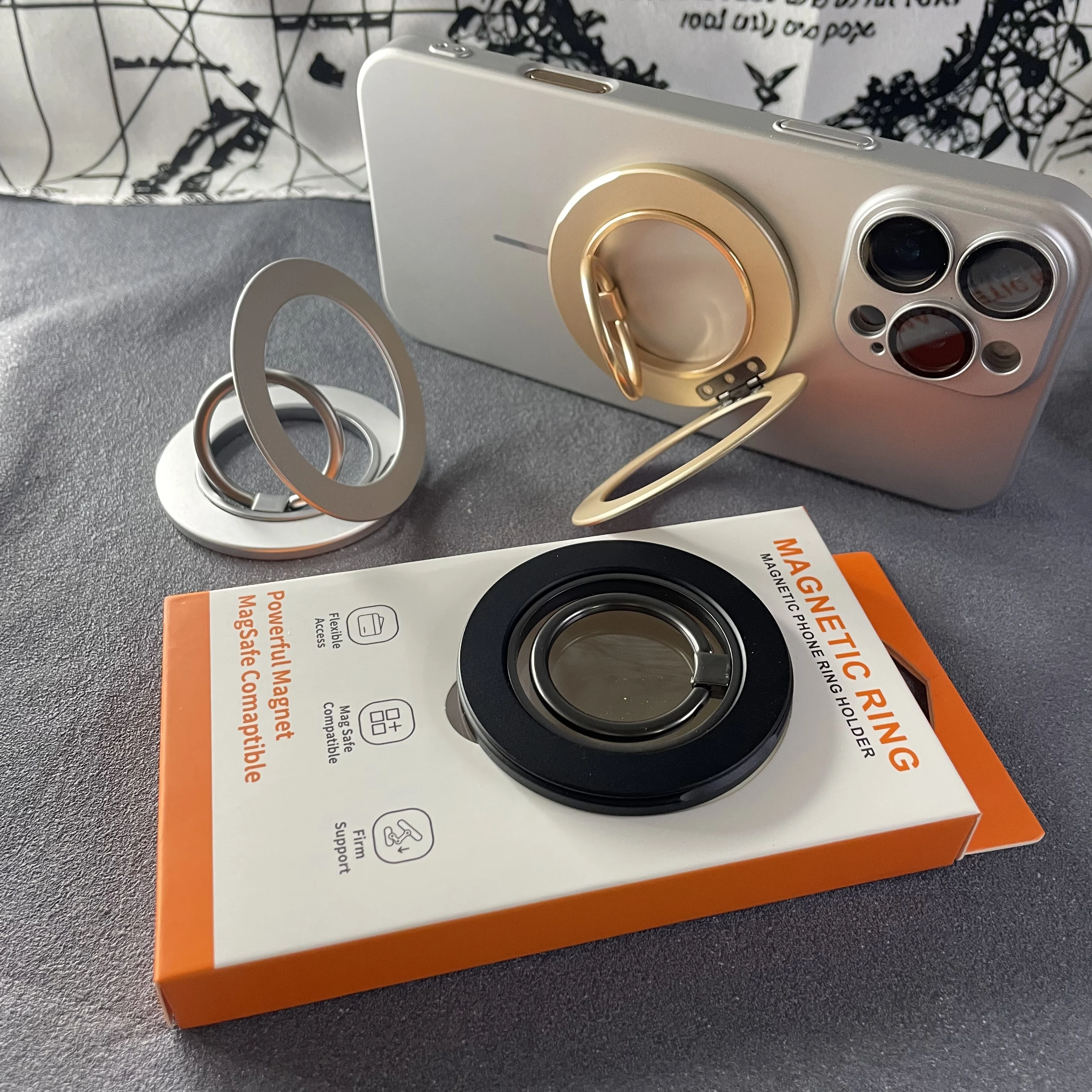 Magnetic 360° Phone Ring Holder with Built-in Gear and Portable Folding Grip Stand