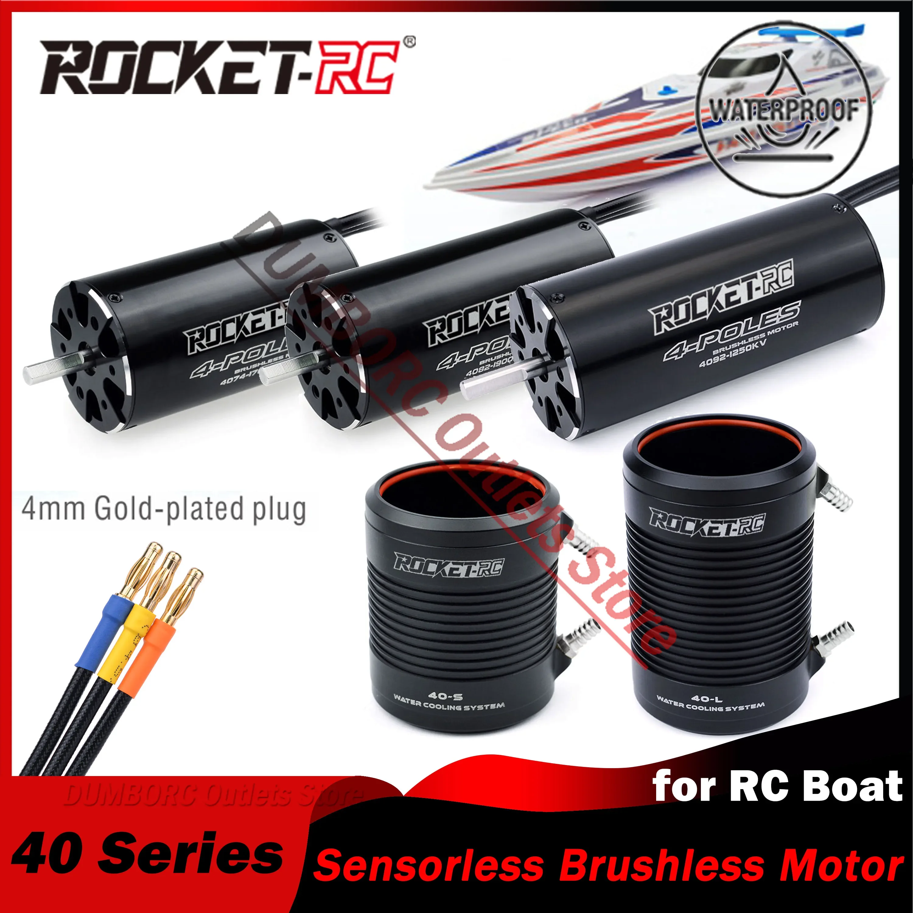 

Rocket 4074 4082 4092 1250KV-2250KV Waterproof 4 Poles Sensorless Brushless Motor Water Cooling Jacket 5mm for 600-800mm RC Boat
