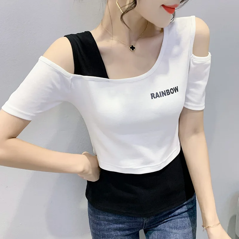 

2022 Summer New Off-the-shoulder Design Sense of Color Contrast Fashion Slim Slim Short-sleeved T-shirt Women's Top Trend