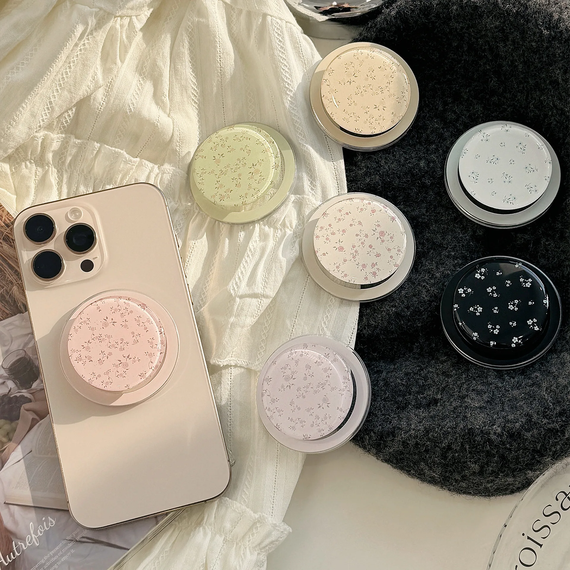 Soporte magnético con forma de flor para teléfono móvil, soporte de bolsillo para IPhone 16, 15, Samsung, anillo seguro, soporte expansible para dedo