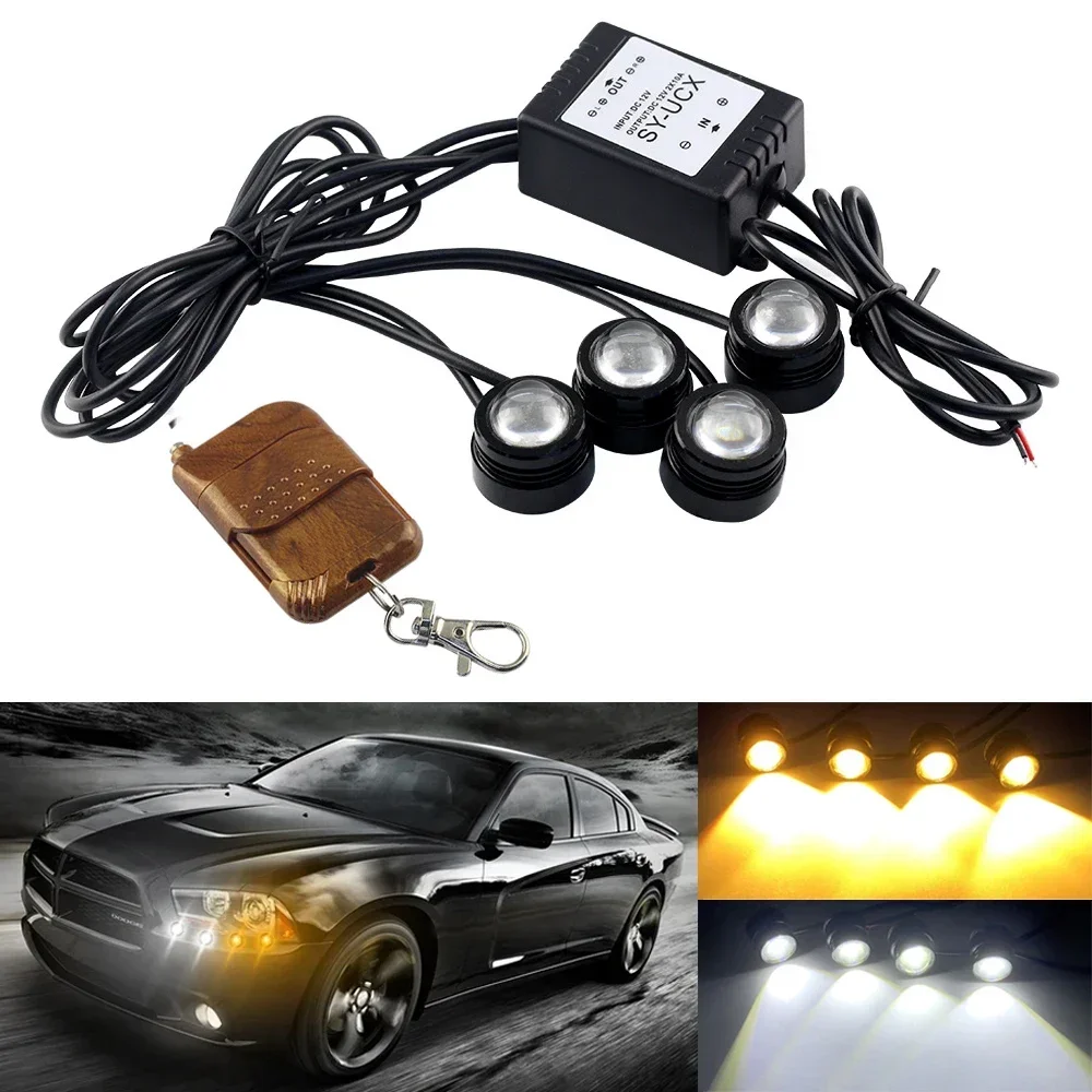 4in1 Car LED Eagle Eye Emergency Warning Strobe Light Wireless Remote Control Day Running DRL for Truck Motorcycle Drl Fog Lamp