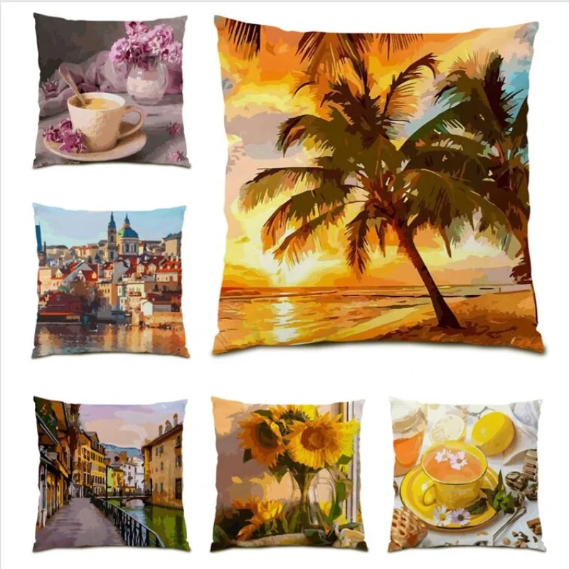 

Oil Painting Coconut Tree Throw Pillow Covers Velvet Scenic City Print Living Room Decoration Cushion Cover 45x45 Bed 2023 E1156