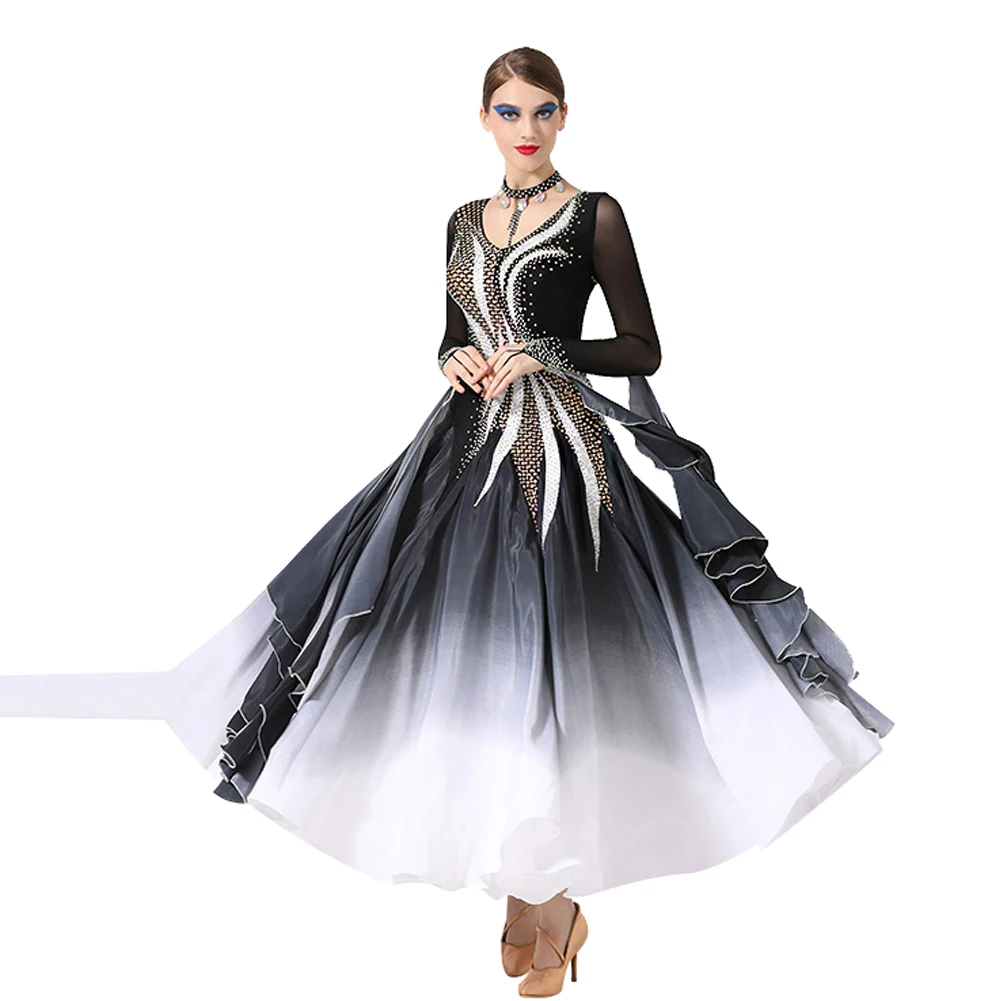 

Waltz Ballroom Competition Dress Dance Performance Stage Costume Rhinestones Chiffon Practice Wear Evening Gowns Concert Outfit