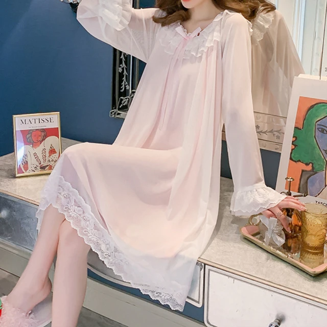 Women Night Dress White Pink Lace Mesh Long Sleeve Peignoir Princess  Sleepwear Lolita Nightie Kawaii Vintage Victorian Nightgown - AliExpress