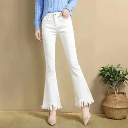Women White Jeans Large Size High Waist Flare Pants Spring Autumn New Tassel Ladies Denim Jeans Pants Women Cowboy Trousers