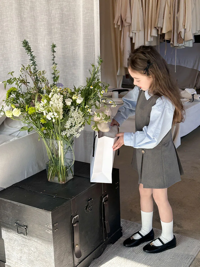 Girls Blue Shirt Grey Vest Dress Autumn Outfit