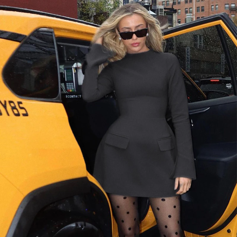 Elegant O Neck Long Sleeve Pactchwork Mini Zipper Women'S Dresses Winter Party Club Korean Wholesale Y2K Casual Clothes