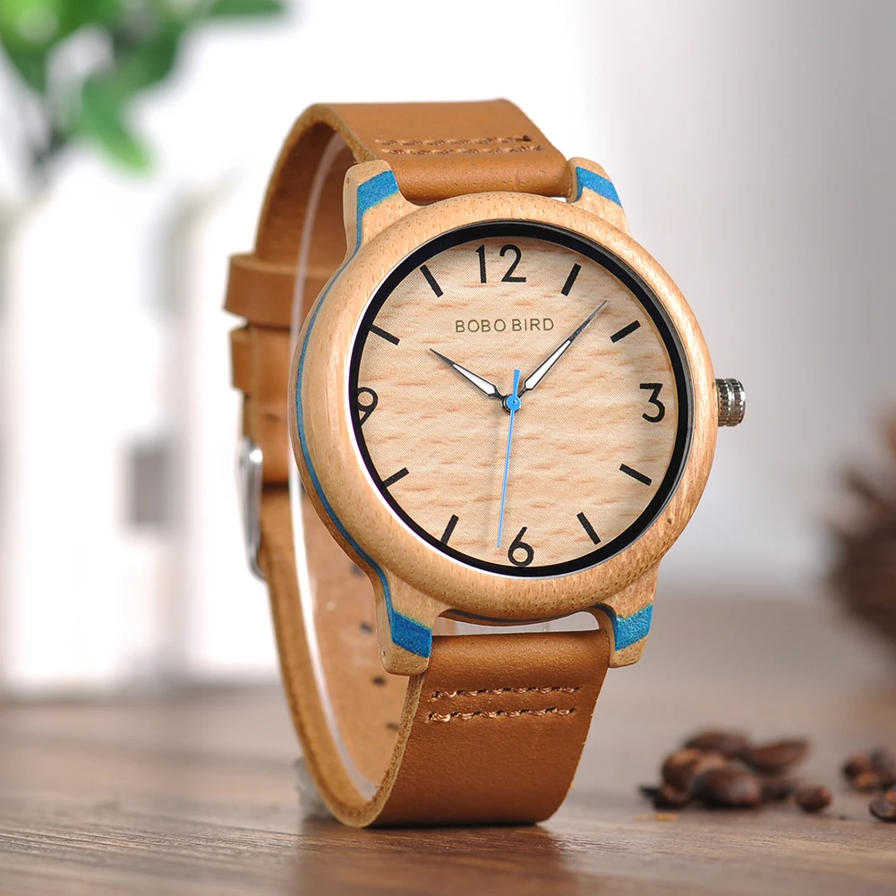 BOBO BIRD Men's Classic Quartz Watch Natural Bamboo Case with Genuine Leather Strap Customized Dropshipping 4