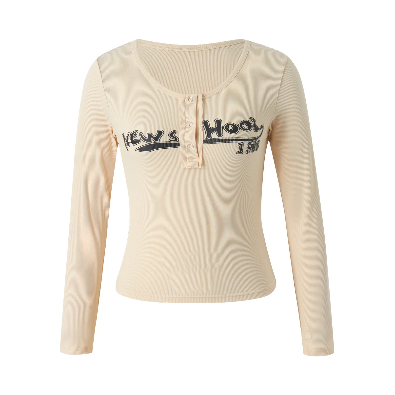 Women Casual Tops Ribbed Long Sleeve Lettering Slim Fit Button Closure Shirt Streetwear