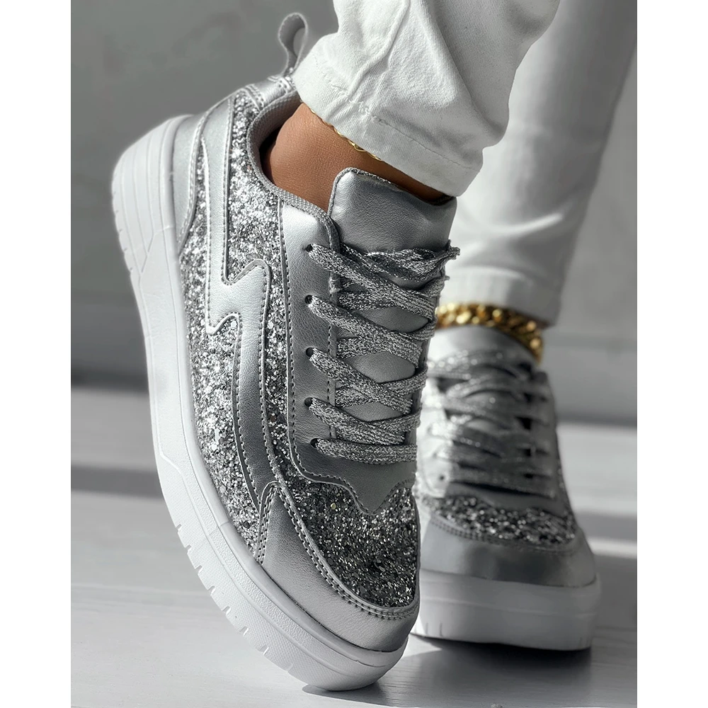 Women Sequins Decor Lace-up Sneakers Daily Casual Round Toe Silver Sports Shoes Spring Fashion Going Out Bling Bling Shoes Flats