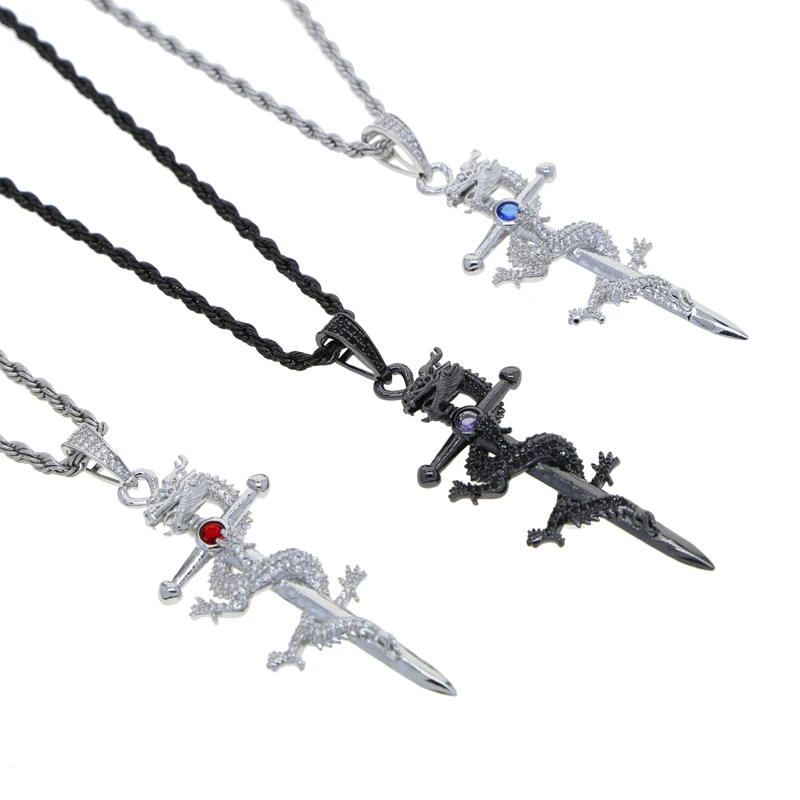 Gothic Sword Dragon Necklace - Vintage Dragon Wrapped Cross Pendant Punk Style For Men - View #11
