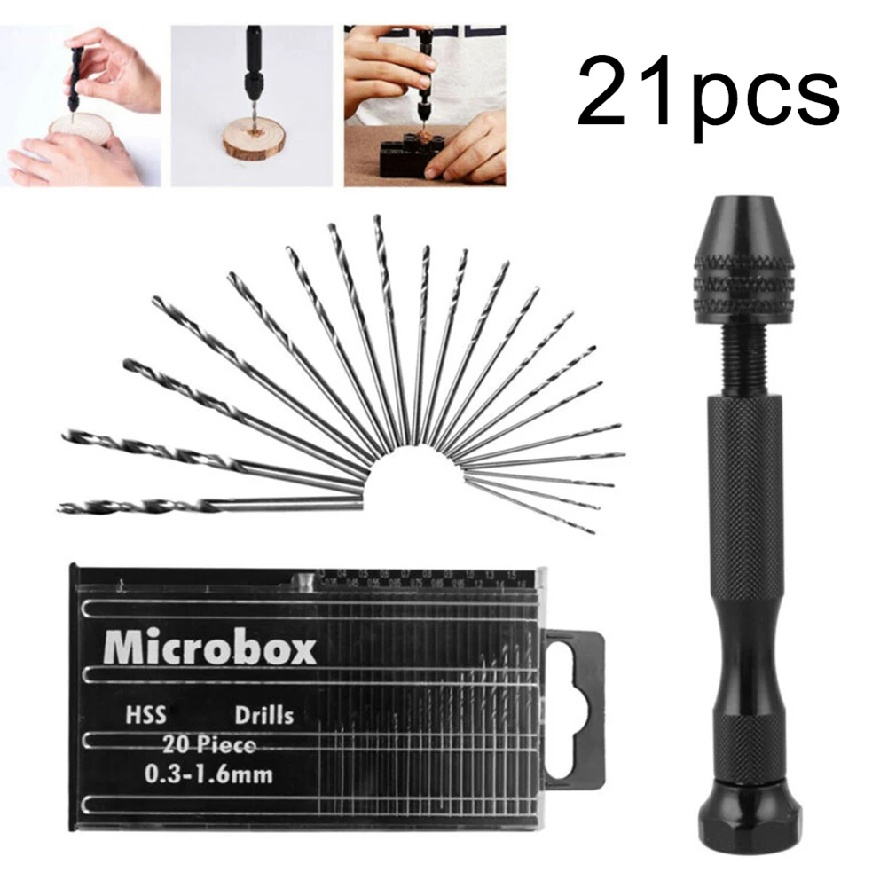 0.3-1.6mm Black Manual Drilling Set Alloy Steel Bits Set Hand Spiral Pin  Vise Drill Kit For Wood Resin Jewelry Hand DIY Tools