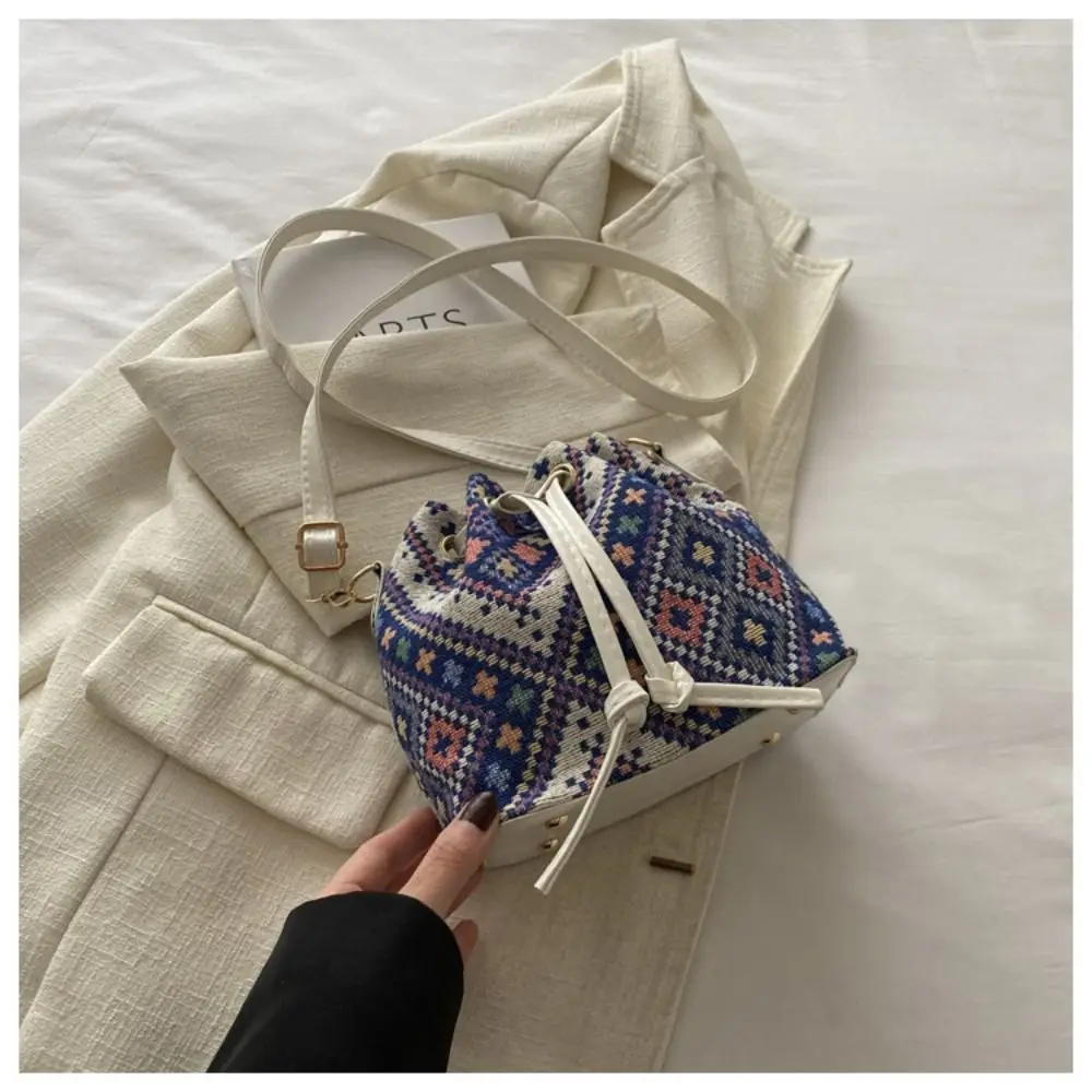 Women Linen Fabric Bucket Bag Fashion Crossbody Bag Messenger Bag Ethnic Style Floral Handbag Shoulder Bag Large Ladies Purses - Image 5