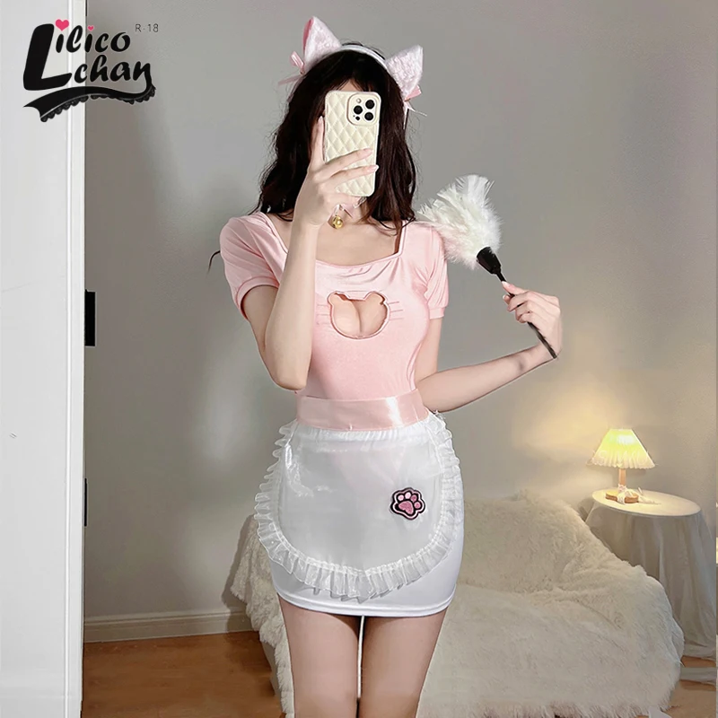 

Hollow Out Japanese Women Cat Uniform Kawaii Pink See Through Cosplay Costumes with Apron Sexy Bodysuit Open Crotch Tempatation