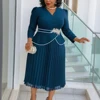 Elegant Church Dresses  A Line Pleated V Neck Long Sleeves 3D Flower Peplum Office Ladies Wedding Guest Party Outfit 2026 Curve