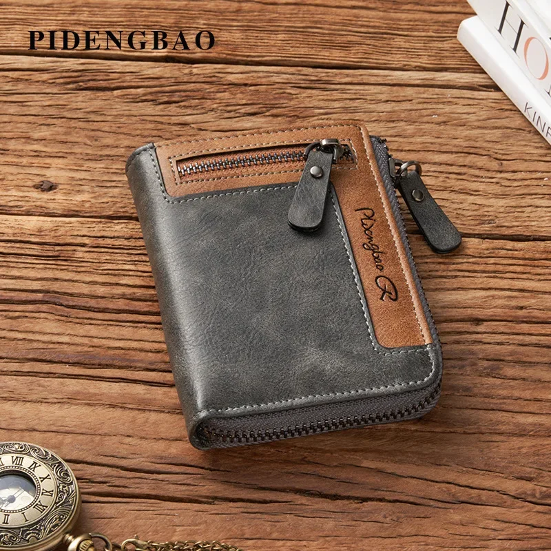 

Retro men's wallet short card wallet men's zipper wallet leather