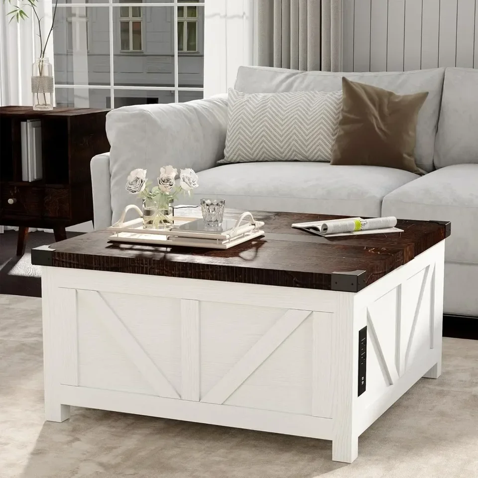 Lift Top Coffee Table with Storage, Wood Square Center Table with Charging Stations Ports  Living Room, Bedroom, Home Office