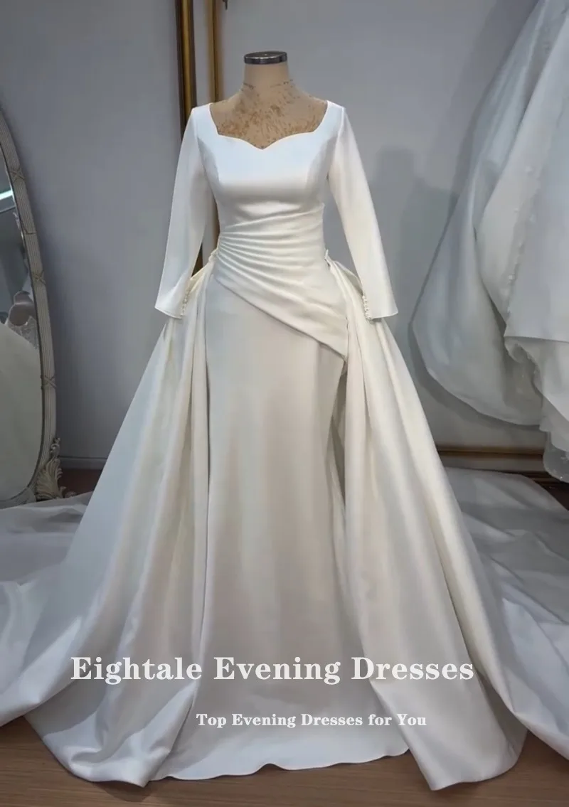Eightale Arabic Wedding Dress V-Neck Customized White Ivory Mermaid Long Sleeves Beaded Muslim Satin Bridal Gown Robe De Mariée