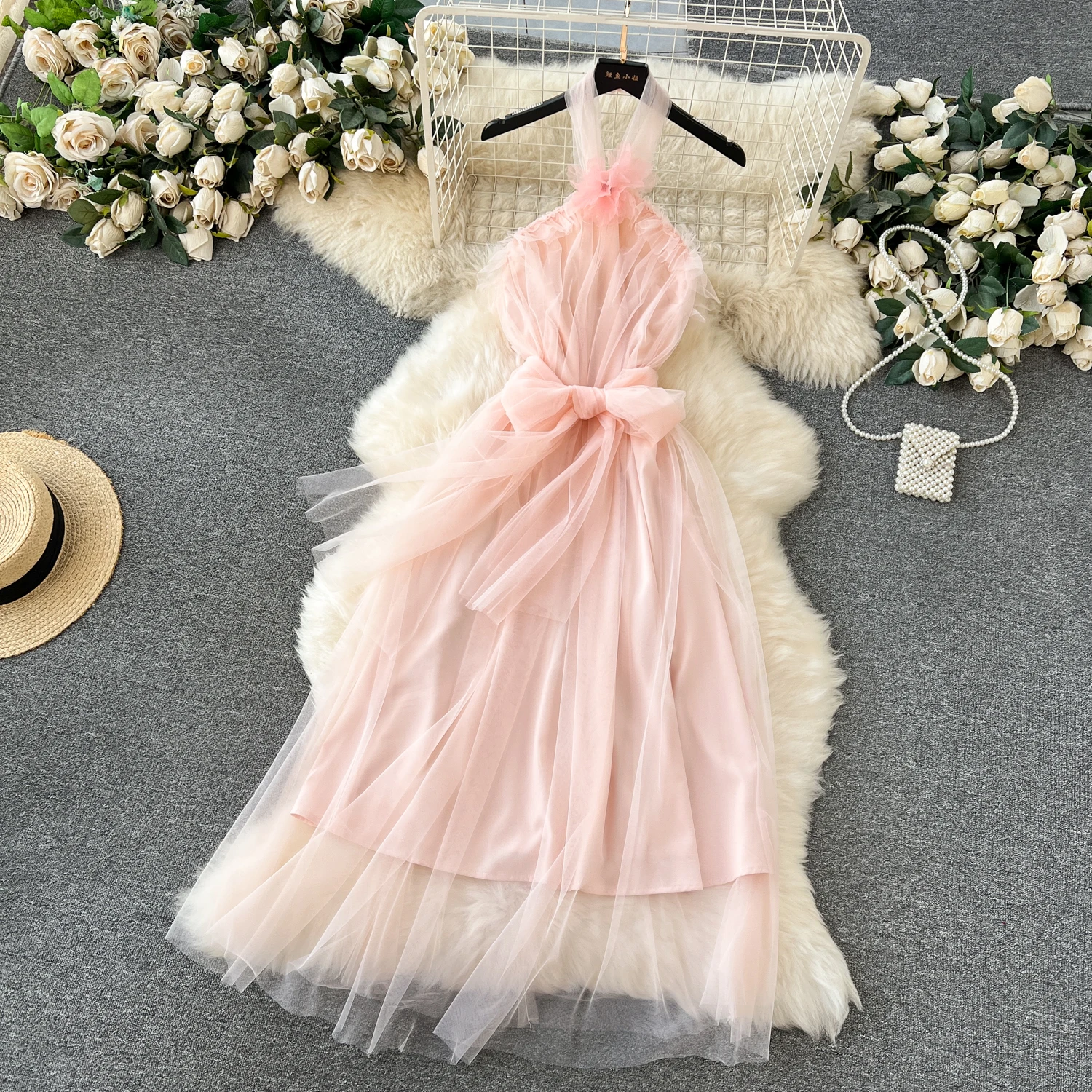 

MSHARBOR Pink Gentle Gauze Sheath Bow Belt Evening Dresses Three-Dimensional Floral Design Wedding Party Mesh Midi Women'S Dress