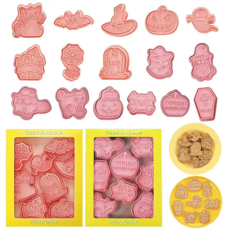 

16PCS Halloween Cookie Cutters Mini Pressable Biscuit Molds For Cake Decoration Tea Parties Kitchen Baking Pastry Supplies