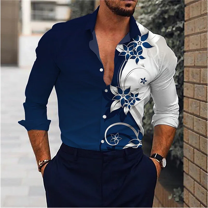 Men's Shirt Floral Pattern Cuffed Outdoor Streetwear Long Sleeve Button Print Clothing Sports Fashion Streetwear Designer