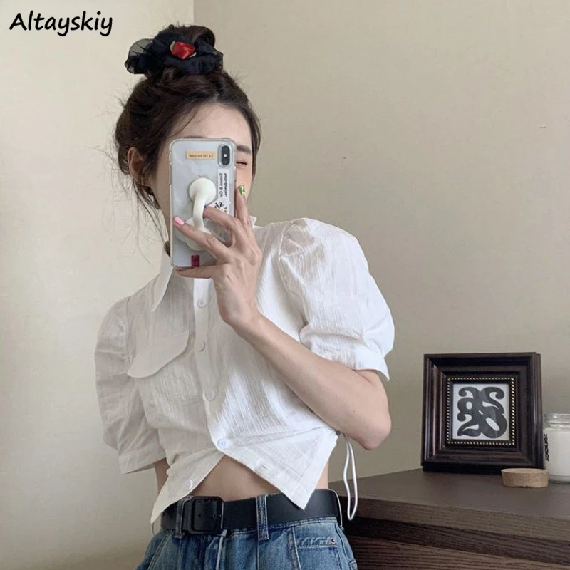 

Shirts Women Pure Fashion Shirring Elegant Puff Sleeve Designed Crop Korean Style Gentle Sexy Basic College Leisure Comfortable