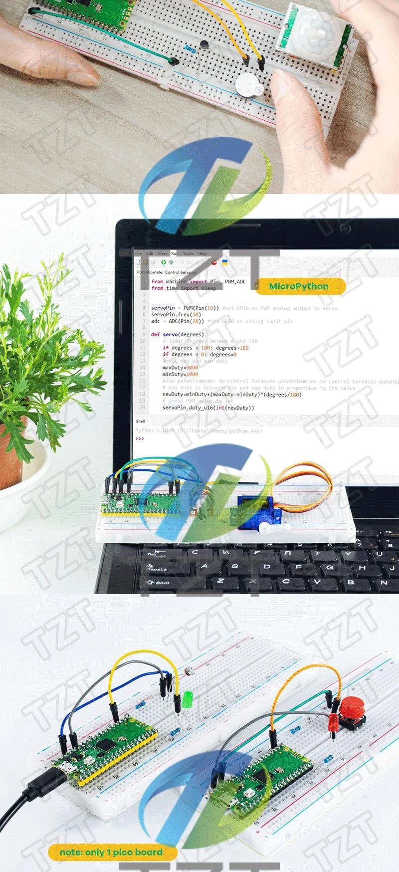 TZT Raspberry Pi Pico Entwicklungsboard Starter-Kit Steckbrett LCD-Modul Python-Programmierung Anfänger-Kit SG90 Servo LCD1602 – Detail 3