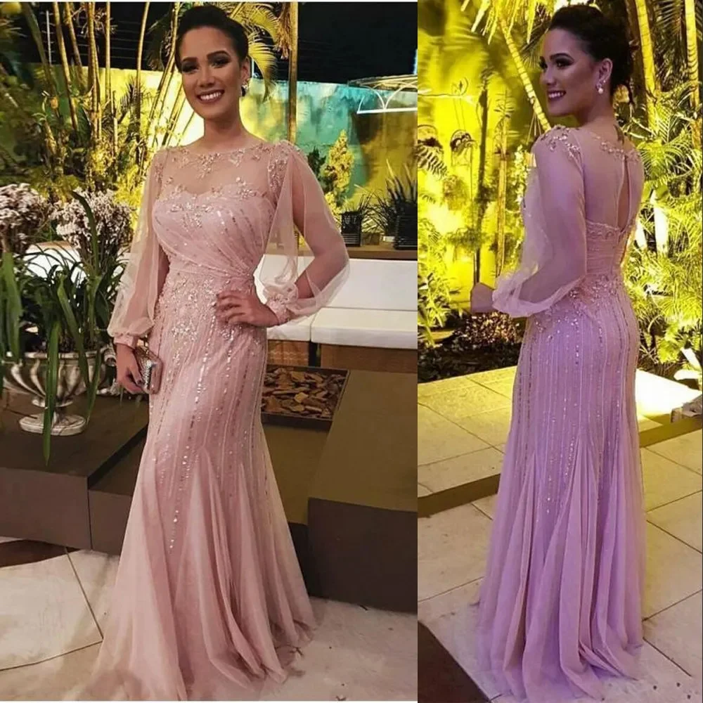 

2023 Elegant A-Line Pink Mother Of The Bride Dress Jewel Neck Long Sleeves Sequins Crystal Beads Tulle Formal Evening Party Gown