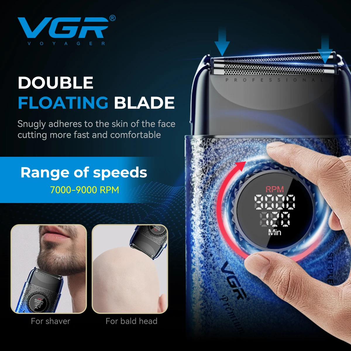 VGR V-377 새로운 고급 전기면도기, 맞춤형 크랙 바디, 다중 전력 제어, 금속 블레이드 헤드, 미백 기능 탑재
