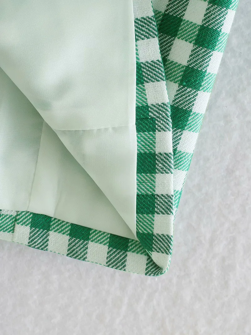 Za Green Plaid Casual Blazers Simple Autumn Notched Collar Double Breasted Woman Loose Long Jackets Female Checked Coat 2024