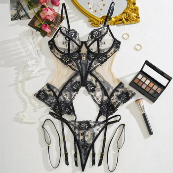 Lencería de fantasía para mujer, conjunto de lencería Sexy de encaje ultra picante, lencería transparente, Tanga elegante, ropa interior de tul 6