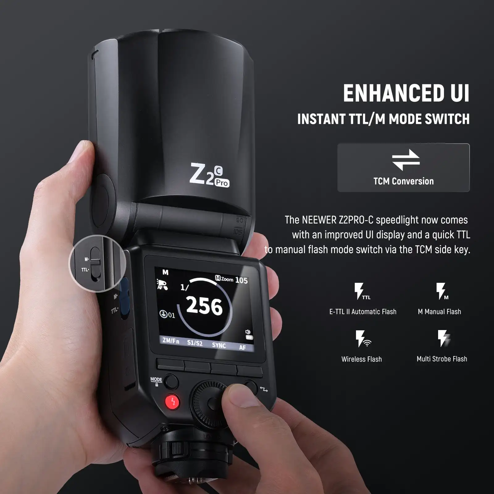 NEEWER Z2PRO-C 2.4G TTL 라운드 헤드 플래시 스피드라이트 무선 제어 76Ws 1/8000s HSS TTL/M TCM 스위치 풀 파워 플래시