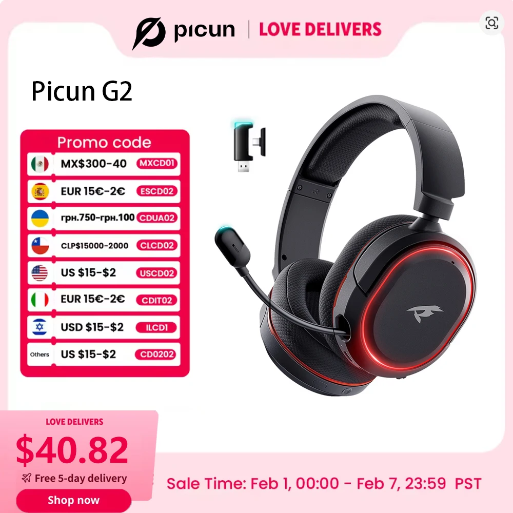 Picun G2 2.4G 무선 게임용 헤드셋 Bluetooth 헤드폰 5ms 낮은 대기..