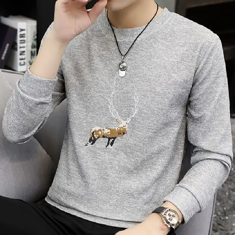 2023 Spring  Autumn Men Long Sleeves T-shirt New round Neck Sweater Men Trendy Base Shirt Autumn Cloth Korean Style Top Clothes