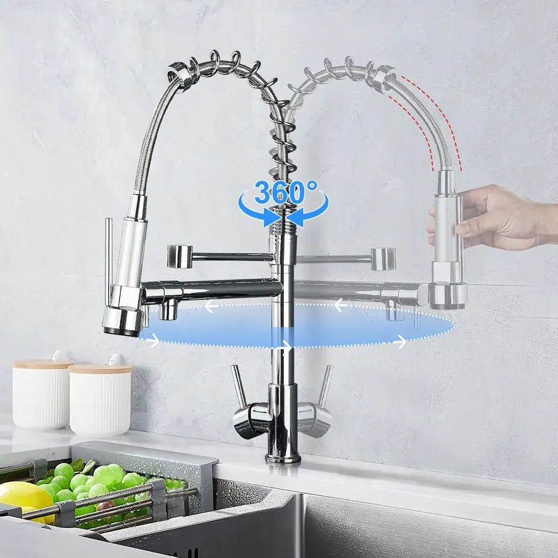 Kitchen Faucets Chrome 360 Degree Rotation Dual Sprayer